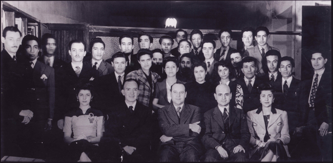 Al-Villasenor-Sr.,-far-right-at-Impresora-del-Norte-in-Monterrey-Mexico,-1943.-Al-was-a-graphic-artist-at-this-large-printing-and-publishing-Co